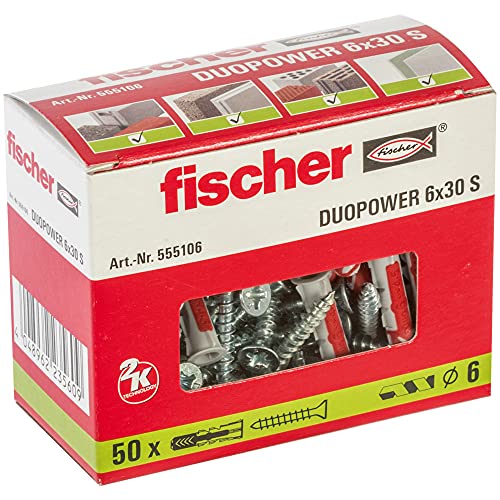 fischer 555106 DUOPOWER 6 x 30 S, Universaldübel mit Sicherheitsschraube, 2-Komponenten-Dübel, Kunststoffdübel,zur Befestigung in in Beton, Ziegeln, Gipskarton uvm., 50 Dübel + 50 Schrauben, Grau/Rot von fischer