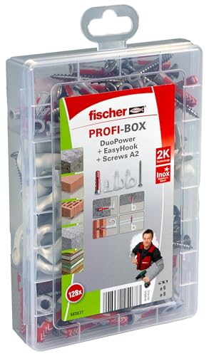 fischer 563577 ProfiBox A2, Set aus verschiedenen Haken, DuoPower Dübel, Abdeckkappen und Schrauben, Flexible Schraubhaken zur Montage in zahlreichen Baustoffen, 128 Teile EasyHook, Weiß von fischer