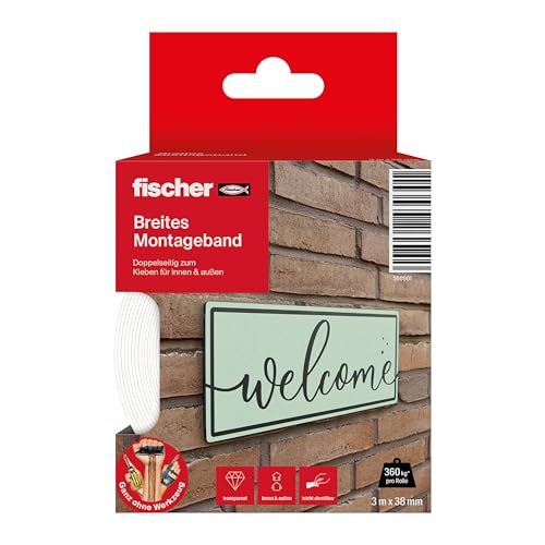 fischer Montageband breit, 3 m x 38 cm, doppelseitiges & starkes Klebeband, Aufhängung ohne Bohren bei optimaler Lastverteilung, für Spiegel, Bilder, Deko, Haken uvm., in Transparent von fischer