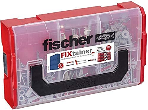 fischer FIXtainer DUO-Line, Dübel- & Schrauben-Box mit 181 Schrauben, DUOTEC 10, DUOBLADE & DUOPOWER Dübeln (60 Stk. 6 x 30, 30 Stk. 8 x 40), praktisches Set zur Befestigung, Grau, Rot von fischer