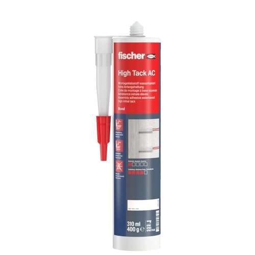 fischer High Tack AC Montageklebstoff, geruchsneutraler, wasserbasierter Montagekleber für den Innenbereich, Acrylatklebstoff zum Verkleben von Bauteilen & Ausgleichen von Unebenheiten, 310 ml, weiß von fischer