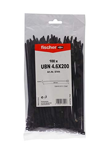 fischer Kabelbinder UBN 4,6 x 200 - Hochwertige Kabelverbinder zur einfachen Bündelung von Kabeln und Rohren, schwarz - 100 Stück - Art.-Nr. 87494 von fischer