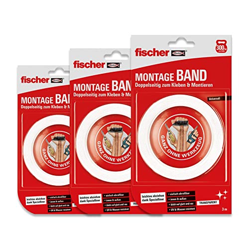 fischer Montageband im 3er Pack, doppelseitiges & starkes Klebeband, einfach anwendbar dank Spezialliner, Aufhängung ohne Bohren, für Spiegel, Bilder, uvm., 3 Rollen à 3 Meter [Amazon Exclusive] von fischer