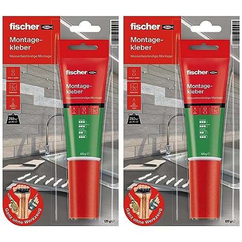 fischer MONTAGE KLEBER, Klebstoff in Weiß, Flüssigkleber, super starker Halt, vielseitig einsetzbar, für innen und außen, klebt Stein, Beton, Emaille, Keramik, uvm., 80 ml (Packung mit 2) von fischer