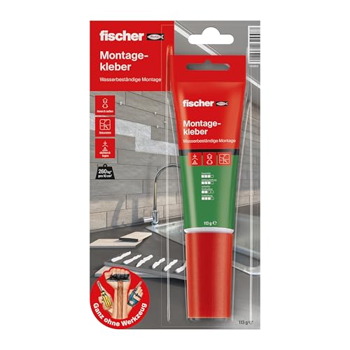 fischer Montagekleber, Klebstoff in Weiß, Flüssigkleber, super starker Halt, vielseitig einsetzbar, für innen und außen, klebt Stein, Beton, Emaille, Keramik, uvm., 80 ml von fischer