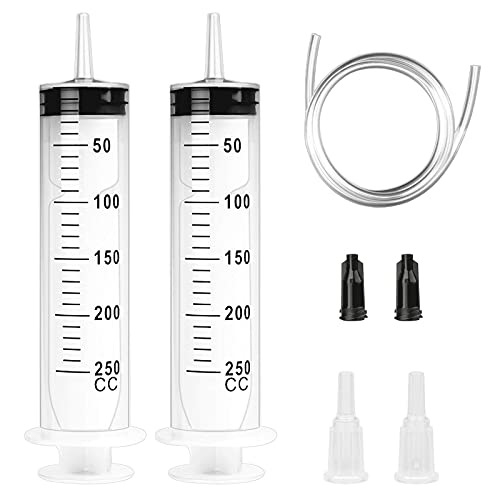 Fishing Fun 2 Pcs 250ml Großer Spritze Plastikspritze Einwegspritze mit Schlauch und Stopfen Baggerschlauch für Laborexperimente Industrielle Verwendung Hydroponik Nährstoff-Haustierpflanzenfütterung von Fishing Fun