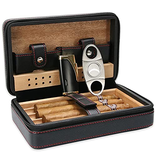 Fishlor Handgefertigter Zigarren Humidor, Tragbare Leder Zedernhumidor Humidor, zigarren Set fr Reise Kurztrips Zedernholz Zigarrenetui Zigarrenhumidor für 4 Zigarren, zigarren zubehör von Fishlor