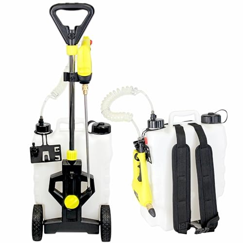 FISHTEC - Elektrisches Sprühgerät auf Rädern oder rückentragbar mit wiederaufladbarer Batterie - Tank 16L - Lithium Ionen Batterie - Düse 40 cm - Flexibler Schlauch von Fishtec