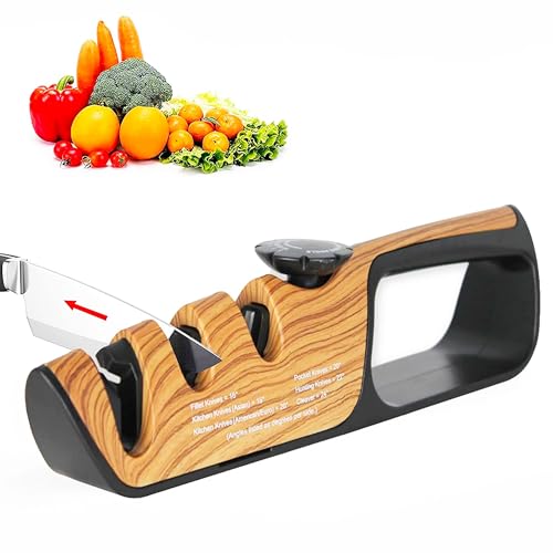 FISHTEC Manueller 3-in-1-Küchenmesserschärfer + Professioneller Scheren- und Messerschärfer - Rutschfeste Kufen - Verschiedene Größen: Einstellbarer Winkel 14 bis 24° - 3 Schlitze - 25 CM - Holzoptik von Fishtec