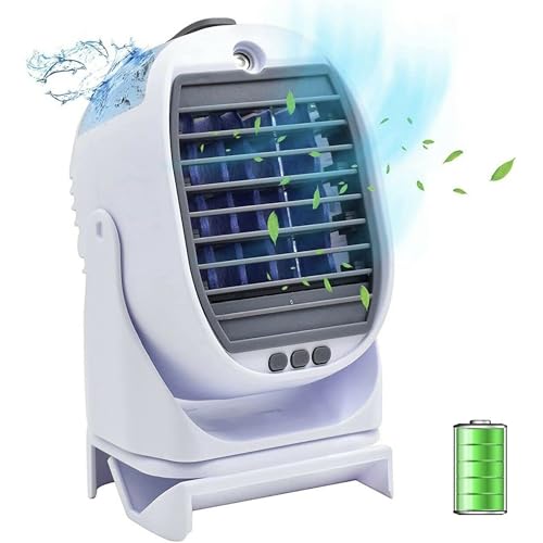 FISHTEC Mini-Klimagerät – Zerstäuber und Luftkühler – tragbarer Ventilator wiederaufladbar USB – 3 Geschwindigkeitsstufen – leise – 2 Wassertanks – 360 ° drehbar – ohne Ablauf von Fishtec