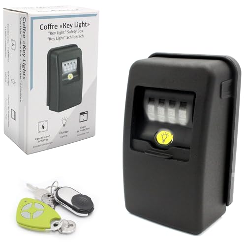 FISHTEC Schlüsselbox mit 4-stelligem Code - Mini Schlüsseltresor - Wandbefestigung, Verwendung Außen/Innen - LED-Beleuchtung - Wasserdicht + Verschlussklappe - Schwarz von Fishtec
