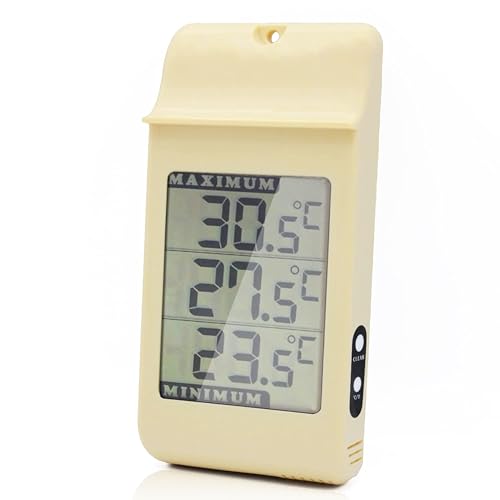 FISHTEC Thermometer mit gut lesbarer Digitalanzeige - Dichtigkeit IPX4 - Für drinnen und draußen Garten mit Wandbefestigung - Aufzeichnung Minimal- und Maximaltemperatur - 16 x 8 CM - Beige von Fishtec