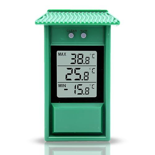 FISHTEC ® Outdoor Digital Thermometer Garten Wandbefestigung Häuschen - Thermometer Maximal-/Minimalwerte - Leicht zu befestigen - Sofortige Lesung - IPX2 - Für Garten, Treibhaus - 13x8 cm - Grün von FISHTEC