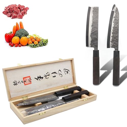 Fishtec - Set mit 2 japanischen Messern - Nakiri und Santoku - Klinge aus Stahl - Griff aus afrikanischem Palisander - Geschenkbox zum Schutz der Klinge - Koeffizient 58 HRC - Handwerkliches Hämmern von Fishtec