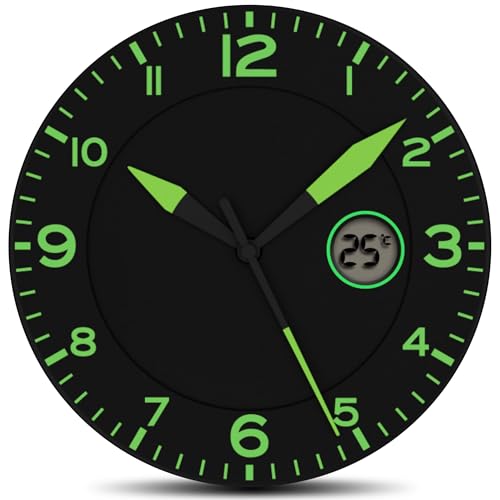 Fishtec Wanduhr Modernes Design - Geräuschlose Wanduhr ohne tick tack - Mit digitaler Temperaturanzeige - Für Küche, Büro, Wohnzimmer, Schlafzimmer - 25 cm - Schwarz & Grün von Fishtec