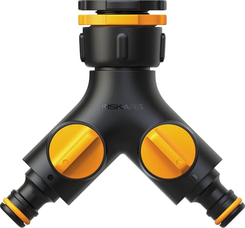 Fiskars 2-Wege-Ventil Multi, Mit On/Off-Ventil, Für drei Gewindegrößen Ø 21 mm (1/2"), Ø 26,5 mm (3/4") und Ø 33,3 mm (1"), 85 g, Schwarz/Orange, 1027061 von Fiskars