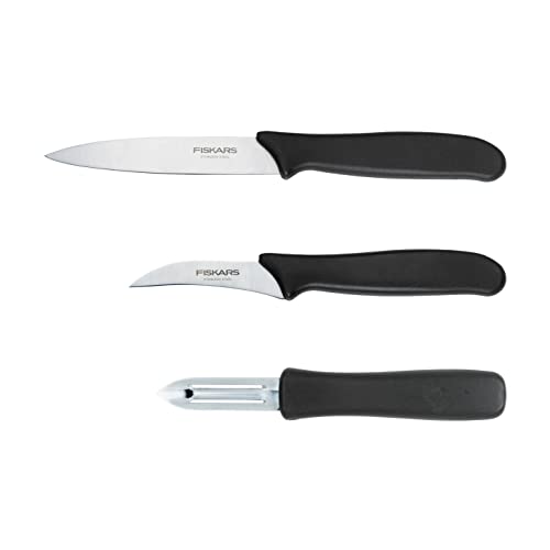 Fiskars Schäl-Set, 3-teilig, Schälmesser (11-cm-Klinge), Gemüsemesser (7-cm-Klinge), Sparschäler (7-cm-Klinge), Essential, Edelstahl / PP-Kunststoff, Schwarz, 1065600 von Fiskars