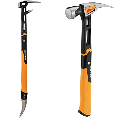 Fiskars Abbruchwerkzeug IsoCore L, Länge: 75,3cm, Gewicht: 2,6kg, Schwarz/Orange, 1027221 & Universalhammer IsoCore L zum Einschlagen der Nägel, Länge: 34cm, Gewicht: 0,91kg, Schwarz/Orange, 1020214 von Fiskars