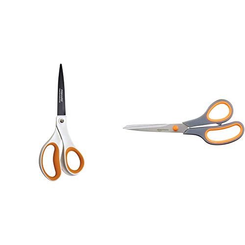 Fiskars Antihaft-Universalschere, Länge: 21 cm, Titan-Beschichtung/Rostfreie Stahl-Klinge/Kunststoff-Griffe, Weiß/Orange & AmazonBasics Schere mit weichem Griff, 20 cm, Titan-Scherenblätter, 1 Stück von Fiskars