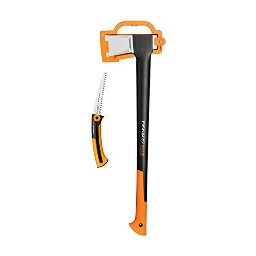 Fiskars Werkzeug-Set, Spaltaxt inkl. Klingen-/Transportschutz, Stahl/Kunststoff und Handsäge für frisches Holz, Einziehbar, Rostfreies Stahl-Sägeblatt, Schwarz/Orange, 1025437 von Fiskars