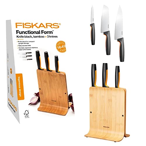 Fiskars Bambus Design-Messerblock mit 3 Messern, Functional Form, Inklusive Gemüsemesser, Santoku Kochmesser und Kochmesser, Kunststoff, Bambus, 1057553 von Fiskars