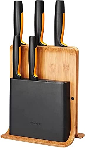 Fiskars Bambus Design-Messerblock mit 5 Messern, Functional Form, Inklusive Gemüsemesser, Tomatenmesser, Santoku Kochmesser, Kochmesser und Brotmesser, Bambus/Kunststoff, 1057552 von Fiskars