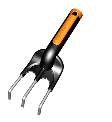 Fiskars Blumenrechen mit 3 Zinken, Länge: 25 cm, Rostfreie Stahl-Zinken, Schwarz/Orange, Premium, 1000728 von Fiskars