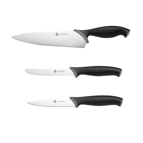 Fiskars Messer-Set (3-teilig), Kochmesser groß, Gemüsemesser, Tomatenmesser, Klingenlängen: 21 cm, 11 cm, 11,5 cm), Essential, Edelstahl/PP-Kunststoff, Schwarz, 1081134 von Fiskars