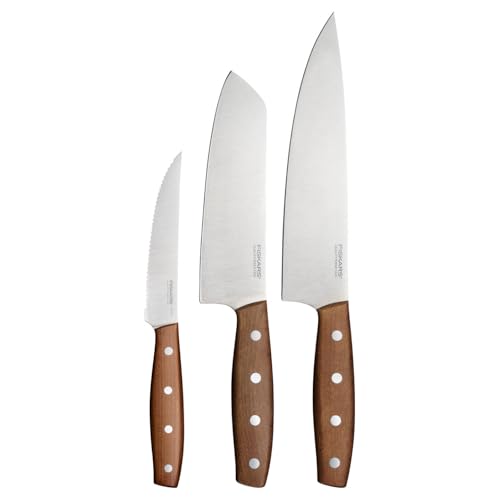 Fiskars Folken Messer-Set, 3-teilig, Kochmesser, Santokumesser und Tomatenmesser, Klingen aus deutschem Edelstahl, Griffe aus FSC-zertifiziertem Ahornholz, 1075689 von Fiskars