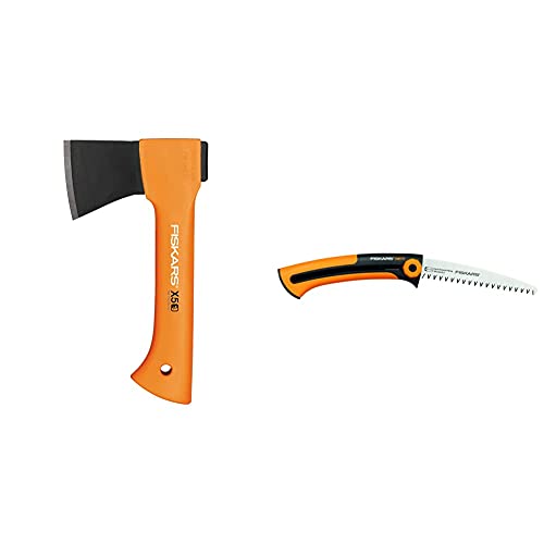 Fiskars Freizeitbeil, Inklusive Klingen- und Transportschutz, Länge 23 cm, Antihaftbeschichtet, Orange, X5-XXS & Handsäge für frisches Holz, Grobzahnung, Sägeblattlänge: 16 cm, Schwarz/Orange von Fiskars