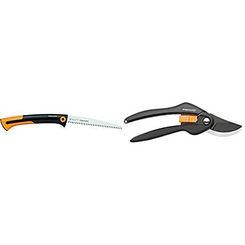 Fiskars Große Handsäge, Sägeblattlänge: 25,5 cm, Einziehbar, Rostfreier Stahl, Schwarz/Orange, Xtract, SW75, 1000614 & Bypass-Gartenschere, Länge 20 cm, Schwarz/Orange, SingleStep, P26, 1000567 von Fiskars