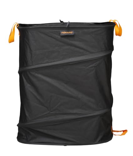 Fiskars Großer PopUp-Gartensack mit Griffen, Platzsparend faltbar, Fassungsvermögen: 219 L, Höhe: 70 cm, Breite: 56 cm, Schwarz/Orange, Ergo, 1028373 von Fiskars