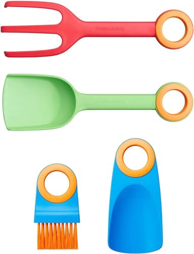 Fiskars Handgeräte-Set für Kinder, Blumenkelle, Pflanzgabel, Bürste und Pflanzkelle ohne Stiel, 4-in-1-Set, Glasfaserverstärkter Kunststoff, Grün/Rot/Blau/Orange, MyFirst Fiskars, 1062472 von Fiskars