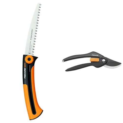 Fiskars Handsäge für frisches Holz, Grobzahnung, Sägeblattlänge: 16 cm, Schwarz/Orange, Xtract & Bypass-Gartenschere für frische Äste und Zweige, Hochwertige Stahl-Klingen, 20 cm, Schwarz/Orange von Fiskars