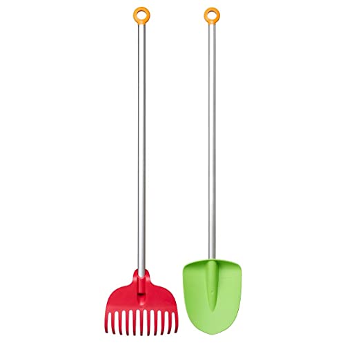 Fiskars Kinder-Spaten und Kinder-Laubrechen, 2-in-1-Set, Länge: 88 cm, Köpfe aus glasfaserverstärktem Kunststoff/Aluminium-Stiele, Grün/Orange und Rot/Orange, MyFirst Fiskars, 1063038 von Fiskars