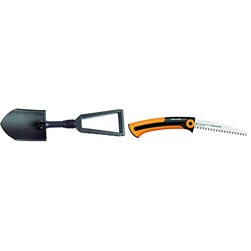 Fiskars Klappspaten für Camper und Bergsteiger, Auch als Schaufel und Hacke einsetzbar, 59 cm & Handsäge für frisches Holz, Grobzahnung, Sägeblattlänge: 16 cm, Einziehbar, Schwarz/Orange von Fiskars