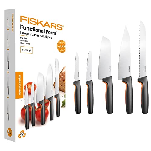 Fiskars Küchenmesser-Set, 5-teilig, Functional Form, Inklusive Kochmesser (groß), Gemüsemesser, Tomatenmesser, Santoku Kochmesser und Brotmesser, Japanischer Edelstahl/Kunststoff, 1057558 von Fiskars