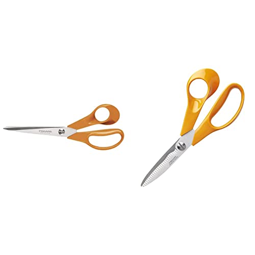 Fiskars Küchenschere, Gesamtlänge: 18 cm, Qualitätsstahl/Kunststoff, Classic, 1000819 & Universalschere für Bastel-, Näh-, und Büroarbeiten, Classic, Länge: 21 cm, Für Rechtshänder, Orange, 1005148 von Fiskars