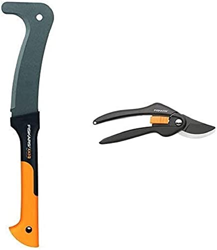 Fiskars Machete, Länge: 50,5 cm, Antihaftbeschichtet, Gehärtete Stahlklinge/Glasfaserverstärkter Kunststoffgriff, WoodXpert & Bypass-Gartenschere für frische Äste und Zweige, Länge 20 cm, SingleStep von Fiskars