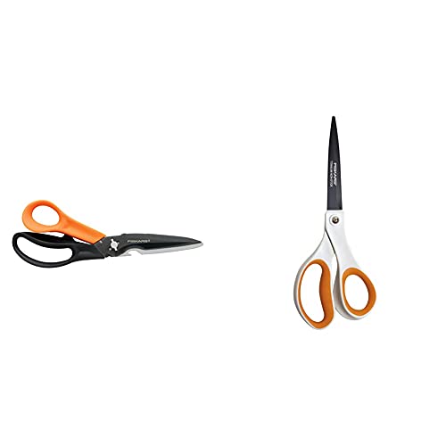 Fiskars Mehrzweckschere mit trennbaren Klingen, Inklusive Schutzhülle mit Scheren-Schärfer, Länge 23 cm, Schwarz/Orange, Cuts + More, 1000809 & Antihaft-Universalschere, 21 cm, Weiß/Orange, 1004721 von Fiskars