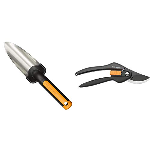 Fiskars Pflanzkelle, Länge 27 cm, Rostfreie Stahl-Kelle, Schwarz/Orange, Premium, 1000727 & Bypass-Gartenschere für frische Äste und Zweige, Hochwertige Stahl-Klingen, 20 cm, Schwarz/Orange von Fiskars