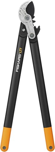 Fiskars PowerGear Amboss-Getriebeastschere für trockene Zweige und Äste, Schneide und stumpfes Gegenstück, Antihaftbeschichtet, Gehärteter Präzisionsstahl, Länge: 69 cm, Schwarz/Orange, L77, 1000583 von Fiskars