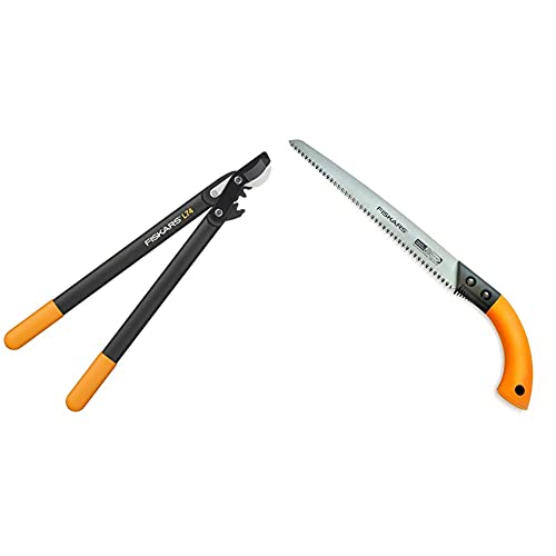 Fiskars PowerGear II Bypass-Getriebeastschere für frisches Holz, Antihaftbeschichtet, 55 cm & Handsäge für frisches Holz, Mit feststehendem Blatt, Inklusive Kunststoff-Köcher, 33 cm, Schwarz/Orange von Fiskars