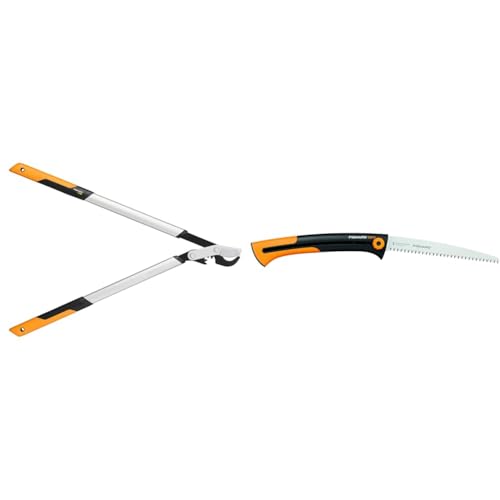 Fiskars PowerGear X Bypass-Getriebeastschere für frisches Holz, Antihaftbeschichtet, 80 cm, Schwarz/Orange & Große Handsäge für frisches Holz, Grobzahnung, Sägeblattlänge: 25,5 cm, Schwarz/Orange von Fiskars