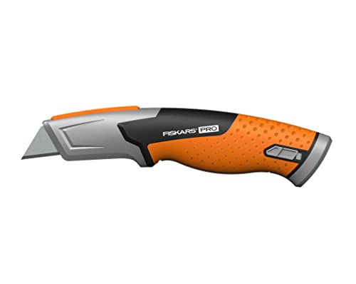 Fiskars Pro Sicherheits-Universalmesser mit einziehbarer Klinge, Länge 17,7 cm, Rostfreier Stahl/Kunststoff, Schwarz/Orange, CarbonMax, 1062938 von Fiskars