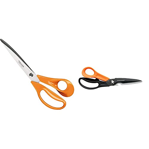 Fiskars Profi-Stoffschere, Länge: 25 cm, Für Rechtshänder, Rostfreie Stahl-Klinge/Kunststoff-Griffe, Orange & Mehrzweckschere mit trennbaren Klingen, Inklusive Schutzhülle, 23 cm, Schwarz/Orange von Fiskars