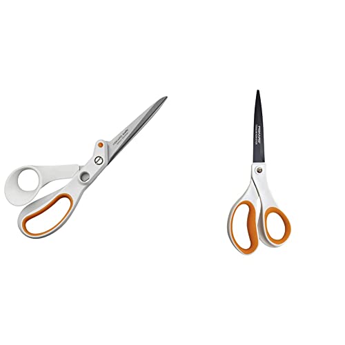 Fiskars Razor Edge Allzweckschere, 21 cm, Weiß/Orange, Amplify, 1005223 & Antihaft-Universalschere, Länge: 21 cm, Titan-Beschichtung/Rostfreie Stahl-Klinge/Kunststoff-Griffe, Weiß/Orange, 1004721 von Fiskars