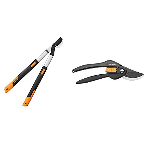 Fiskars SmartFit Bypass-Teleskop-Astschere für frisches Holz, Grifflänge: 66 bis 90 cm, Schwarz/Orange, L86, 1013564 & Bypass-Gartenschere für frische Äste und Zweige, Länge 20 cm, Schwarz/Orange von Fiskars