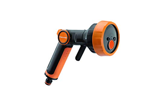 Fiskars SoftGrip-Sprühpistole, 4 Funktionen, Mit Brause-, Flach-, Spül- und Strahl-Sprühbild, Stufenlos einstellbar, Daumengesteuerte ON/OFF-Durchflusskontrolle, Universalgröße,Schwarz/Orange,1020446 von Fiskars