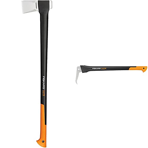 Fiskars Spaltaxt, Inklusive Klingen- und Transportschutz, Länge: 96 cm, Schwarz/Orange, X27–XXL, 2,57 kg & Lange Hand-Sappie zur Holzbearbeitung, Länge: 78,5 cm, Gehärtete Stahlklinge, Schwarz/Orange von Fiskars